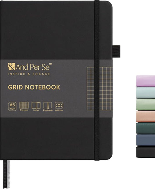 &And Per Se Graph Notebook, 5mm Grid, A5 Hardcover, 160 Pages 100gsm Thick Paper, Grid Journal for Diagrams, Wireframes, CAD Sketches (Black)