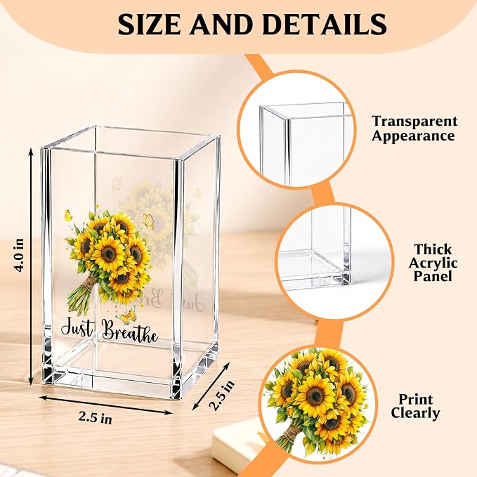 YAZMEEN Inspirational Gift Acrylic Pen Holder - Just Breathe Sunflower Desk Organizer - Office & Home Desk Decor - Birthday Gift for Women, Coworker, Friend