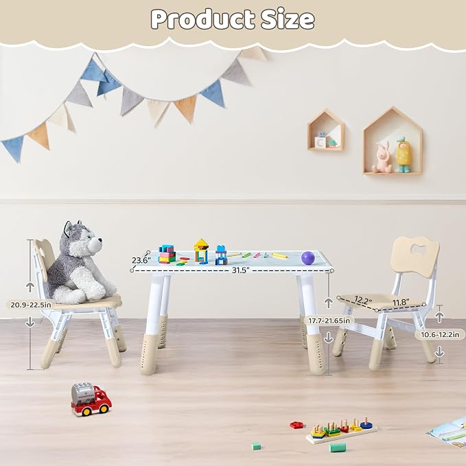 DOREROOM Toddler Table and 2 Chairs Set, Marble Top, No-Screw Legs, Natural | Graffiti Desktop, 31.5"L x 23.6"W, Frameless, Kids Ages 3-8, FSC-certified, Children Activity for Daycare, Classroom, Home