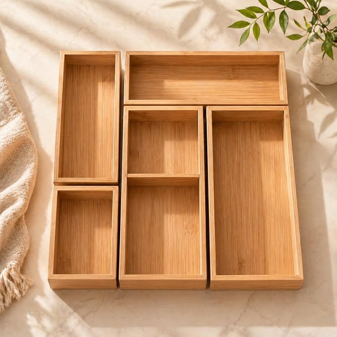 ABABIL Bamboo Drawer Organizer Set of 5, Wooden Storage Tray Inserts for Kitchen, Bathroom, Office, Makeup, Jewelry, Utensils, Desk Accessories and Vanity Drawers, Brown