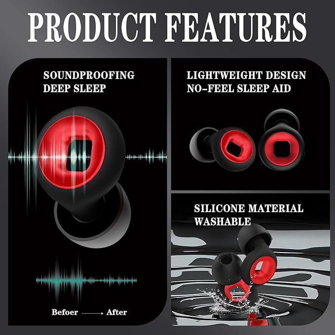 Motorcycle Ear Plugs Wind Noise Cancelling, 45db Reusable Soft Silicone Earplugs for Noise Reduction for Moto Riding,Sleeping,Motorbike,Concerts,Work,Study,Snoring,Trave (Black & Red, Medium)