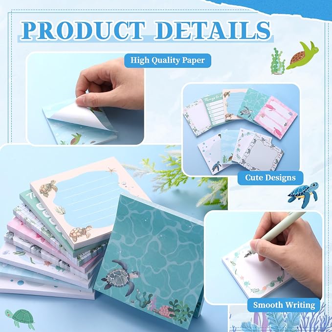 9 Pads Cute Sticky Notes Cartoon Self Stick Notepads 3x3 Inches Notes Adhesive Memo Pad Office Decor Gifts for Students School Teacher Office Meeting(Turtle)