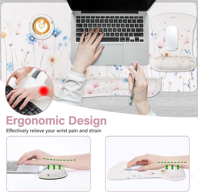 MOSISO Wrist Rest Support for Keyboard Mouse Pad Set, Large Mousepad&Keyboard and Mouse Pad&Coaster, Ergonomic Non-Slip Easy Typing Mousepad with Memory Foam for Home Office, Village Wildflowers