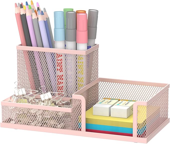 SUPEASY Mesh Pen Holder Desk Organizer, Office Supplies Pencil Storage with 3 Compartments, Office Desk Accessories and Workspace Organizers for Home School Classroom, Pink