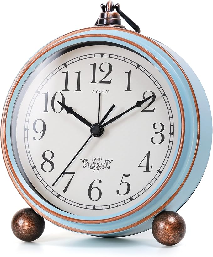 AYRELY® 5.3" Vintage Metal Analog Alarm Clock, Retro Desk and Table Clock | Antique Battery Operated Clock with Light, Elegant Bedside Gift for Bedrooms, Living Rooms, Shellf and Home Decor(Light Blue)
