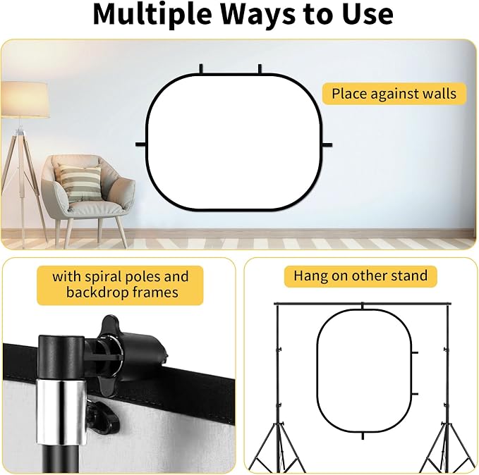 3x5ft Black White Background, Muslin Pop-Up Collapsible Backdrop 2-in-1 Self Tape Backdrop with Clip and Carry Bag for Portrait and Headshot Photography