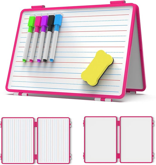 Dry Erase Board, Small WhiteBoard for Kids, 4 Writing Sides Desktop White Board, Small Dry Erase Whiteboard, 11.5x17inch Foldable WhiteBoard for School Office Desk(Pink)