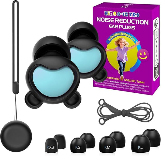 Kids Noise Reduction Ear Plugs(6+yrs) – Reusable Child Ear Protection for Sensitive Ears, Comfortable Earplugs for School, Travel, Focus, Concert, Sleep & Loud Events – 4 Sizes Ear Tips, 26dB,BKBU
