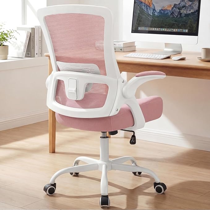 NEO CHAIR Office Chair High Back Desk Mesh Chair Comfy Computer Gaming Seat with Adjustable Ergonomic Lumbar Rolling Flip-up Armrests and Wheels (Pink)