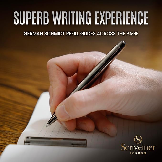 Scriveiner Gun-Metal Rollerball Pen - Stunning Luxury Pen, Schmidt Ink Refill, Best Roller Ball Gift Set for Men & Women, Professional, Executive Office, Nice Pens