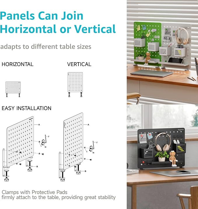 PEGZONE Clamp-on Desk Pegboard, Desk Organizer for Office Gaming Home, Magnetic Metal Peg Board with 10 Accessories, Privacy Panel, 16.5" x 12.6", Medium, White