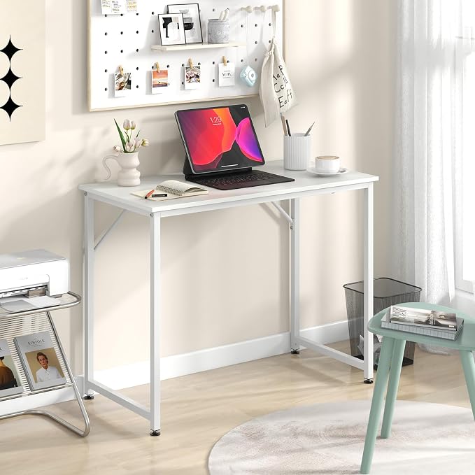 Tangkula Computer Laptop Desk, Heavy Duty Metal Frame Writing Desk, Home PC Office Desk with Adjustable Foot Pads, Conference Tables for Combined Use, Compact Task Desk for Bedroom, Study (White)