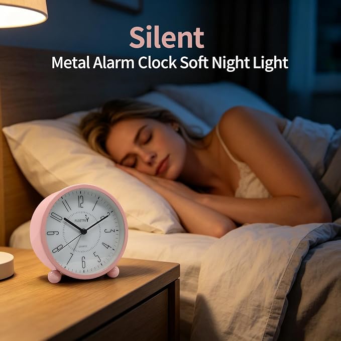 FLOITTUY Super Silent Metal Alarm Clock,Beep Wake Round Alarm Clock with Night Light,Battery Operated,Easy Set,Simple & Retro for Desk, Bedroom and Home Decoration(Pink)