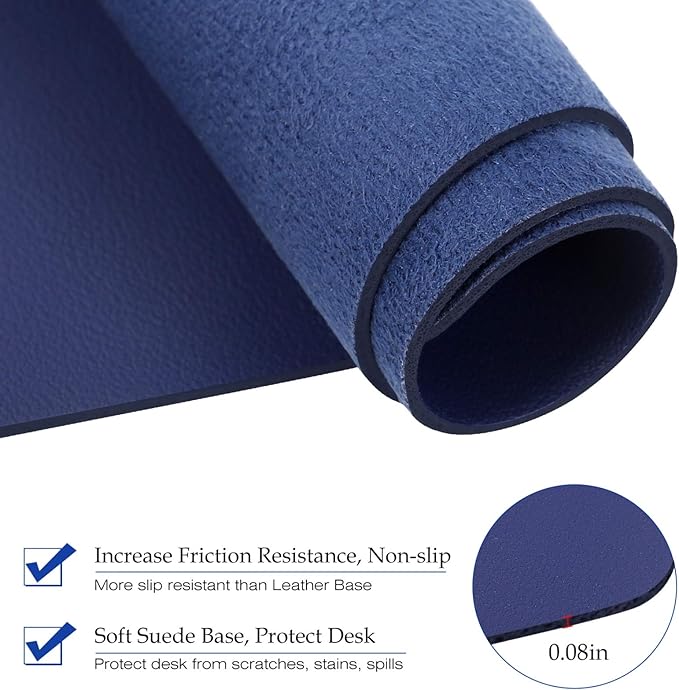 TOWWI PU Leather Desk Pad with Suede Base, Multi-Color Non-Slip Mouse Pad, 24” x 14” Waterproof Desk Writing Mat, Large Desk Blotter Protector (Dark Blue)