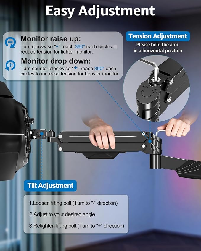Single Monitor Wall Mount for Max 43" Holds up to 33.1lbs Screen | Wall Monitor Mount for Ultrawide Computer Screen, Height Adjustable Full Motion Gas Spring Vesa Wall Mount, Max 200x200mm