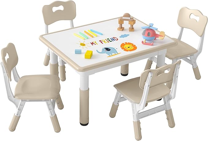 DOREROOM Adjustable Kids Table & 4 Chairs Set, 31.5" L x 23.6" W, Natural | Graffiti Desktop,Table Supports 300 lbs,Toddler Ages 2-8，FSC-certified, Children Activity Table for Daycare, Classroom, Home