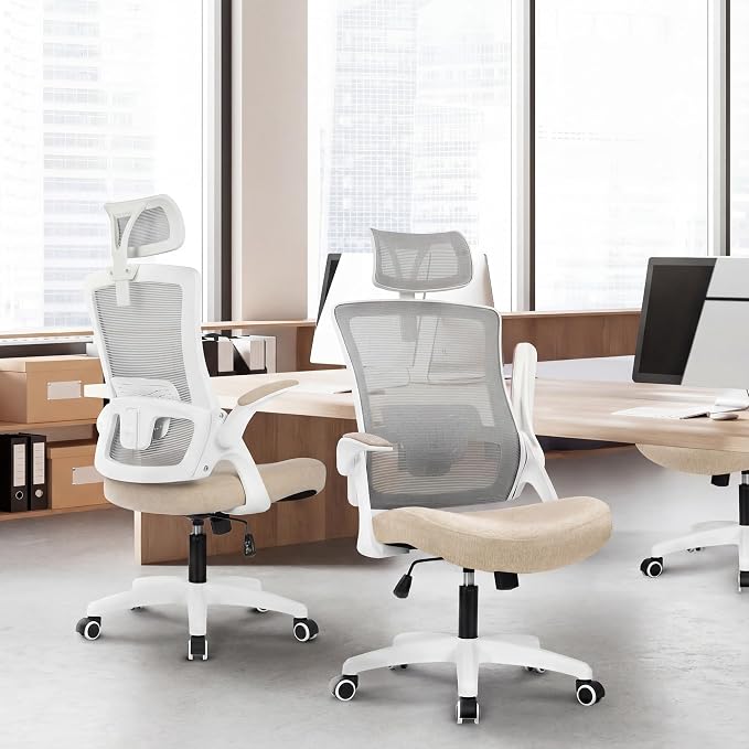 NEO CHAIR Office Desk Chair Gaming Computer High Back Support Mesh Comfy Seat with Adjustable Ergonomic Headrest Lumbar Rolling Flip-up Armrests and Wheels (Beige)