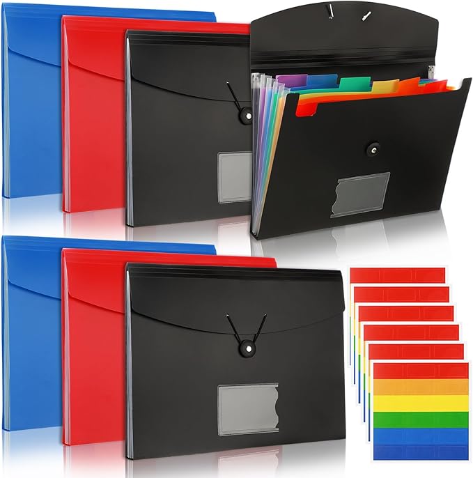 Glenmal 10 Pcs 7 Pocket File Folders File Organizer Expanding Folder with Labels Plastic Pocket A4 Letter Size Paper Organizer for Office Back to School Supplies(Red, Black, Blue)