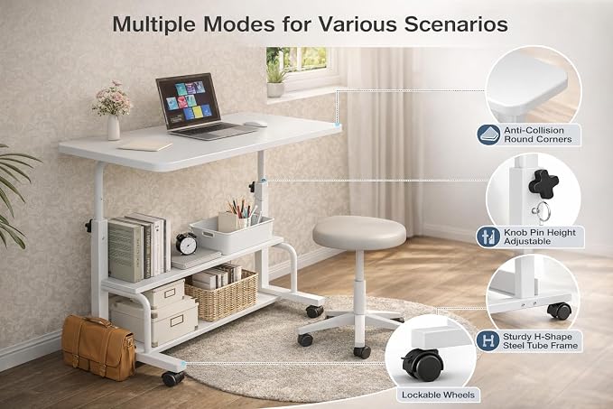 Simple Deluxe 31.5" Manual Standing Desk, Height Adjustable Mobile Computer Desk with Lockable Wheels & 2-Tier Storage, Rolling Laptop Table for Small Spaces & Home Office, White