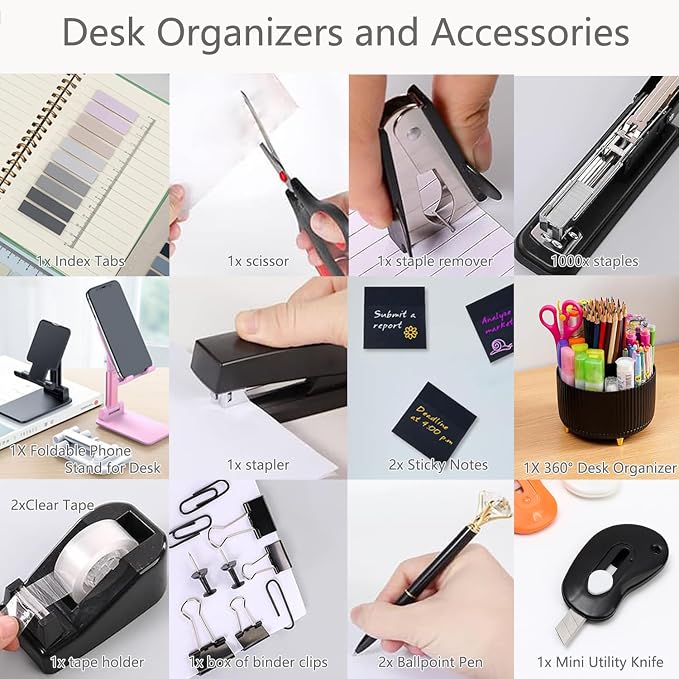 Office Supplies,Black Desk Accessories,Desk Organizer,Phone Stand,Scissors,Stapler,Tape Dispenser,Binder Clips,Staples,Staple Remover,Sticky Notes,Index Tabs,Clear Tape,Mini Box Cutter,Cool Pen.16pcs