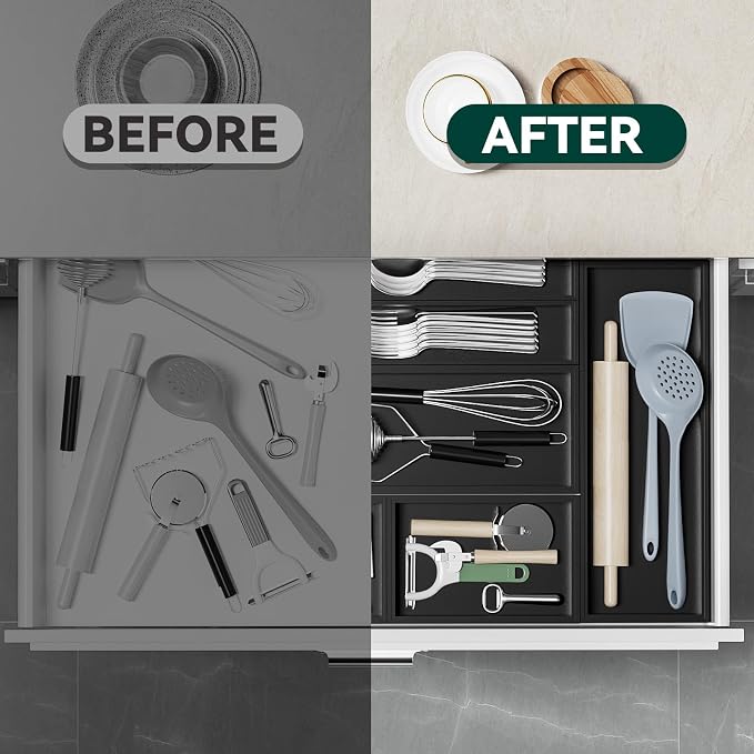 Lixple Bamboo Drawer Organizer, Extra Large Silverware Organizer for Kitchen Drawer, Stackable Utensil Organizer, 2 Pcs Toilet Tank Topper Tray, Wooden Toilet Paper Basket (Black, 17 X 6 X 2 Inch)