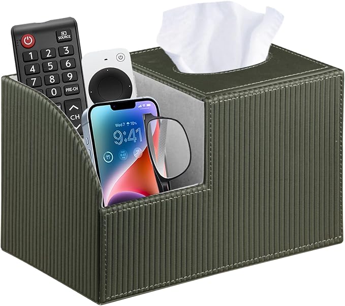 PU Leather Square Tissue Box Cover with Storage,Facial Tissue Box Holder | Multi-Functional Tissue and Remote Control Holder,Cube Tissue Box Organizer/dispenser for Bathroom,Nightstand,End Table Decor