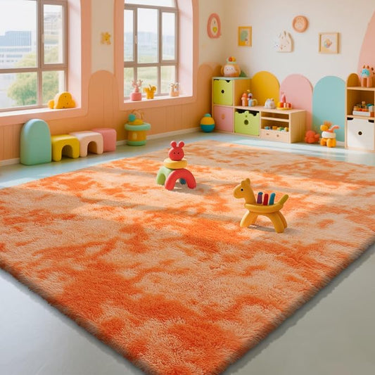 Mottling Orange Fluffy Rug Shag Area Rug, 8x10 Area Rugs for Girls Bedroom, Big Soft Shag Bedside Non-Slip Plush Dorm Carpet Home Decor Aesthetic
