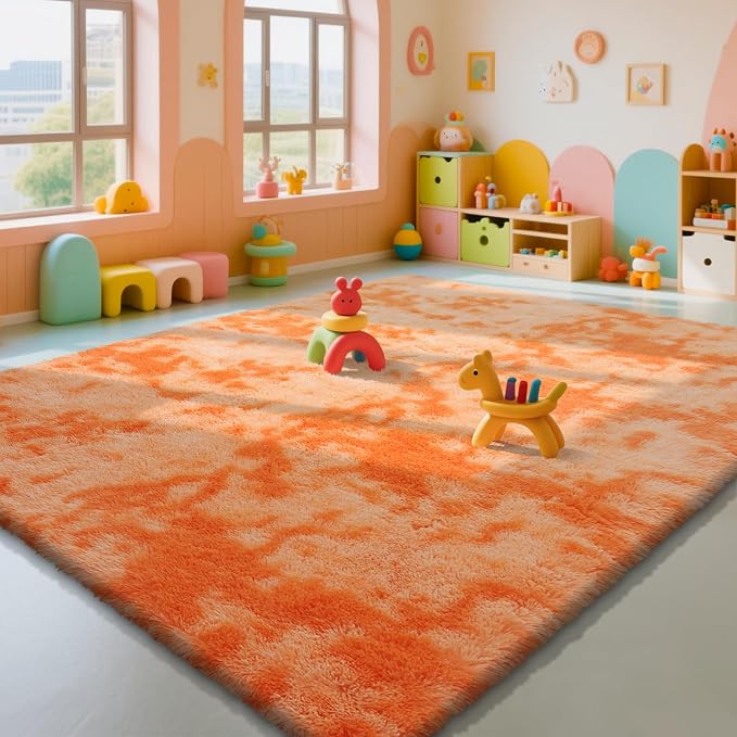 Mottling Orange Fluffy Rug Shag Area Rug, 9x12 Area Rugs for Girls Bedroom, Big Soft Shag Bedside Non-Slip Plush Dorm Carpet Home Decor Aesthetic