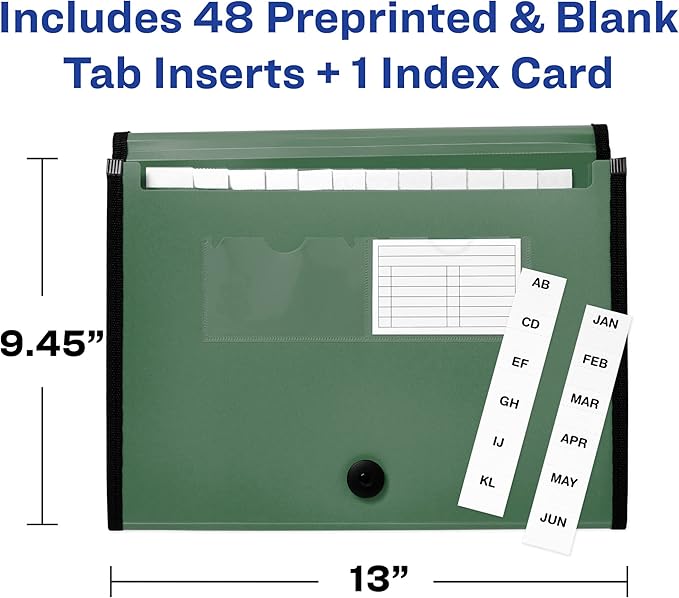 Avery Expanding File Folder Organizer, 13-Pocket Accordion File Organizer, Sage, Holds 425 Letter/A4-Size Sheets (73555)
