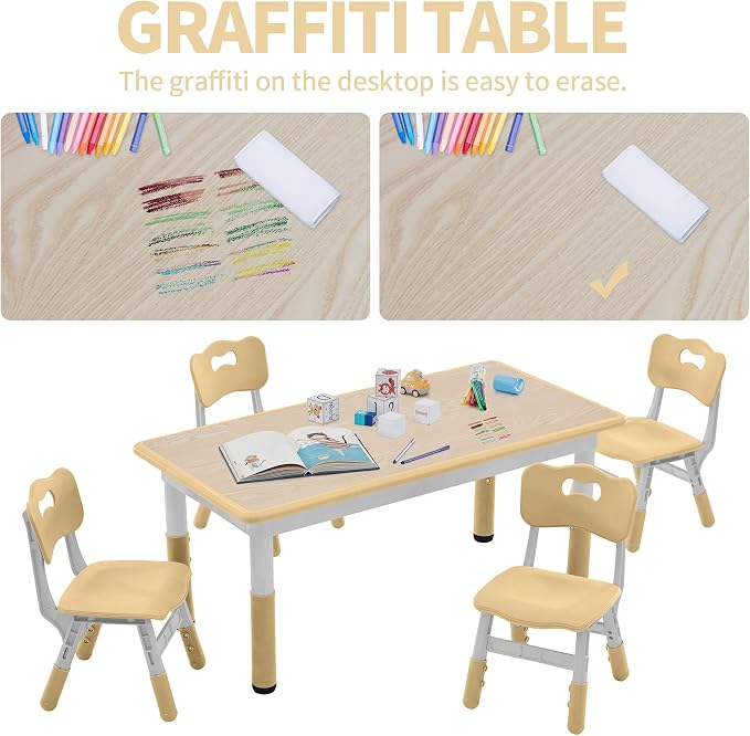 DOREROOM Adjustable Kids Table & 4 Chairs Set, 47.2" L x 23.6" W, Beige-W | Graffiti Desktop,Table Supports 300 lbs,Toddler Ages 2-8，FSC-certified, Children Activity Table for Daycare, Classroom, Home