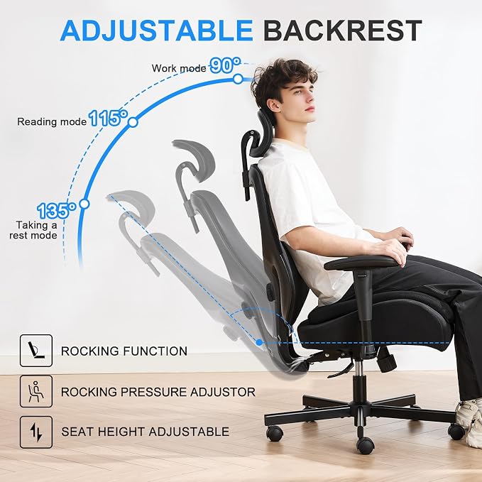 Office Chair with Ergonomic Lumbar Support and Mesh Back for Home Office, Desk Chair with Wide Seat and Adjustable Arms for Computer Desk, Computer Chair with Rocking Backrest and Wheels for Work