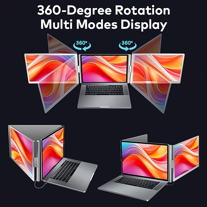 WGK Triple Portable Monitor, FHD 1200P IPS Laptop Monitor Extender Full Function Type-C/HDMI Ports, Foldable Dual Screen Extender for 13.3’’-17.3" Compatible with Windows, Mac