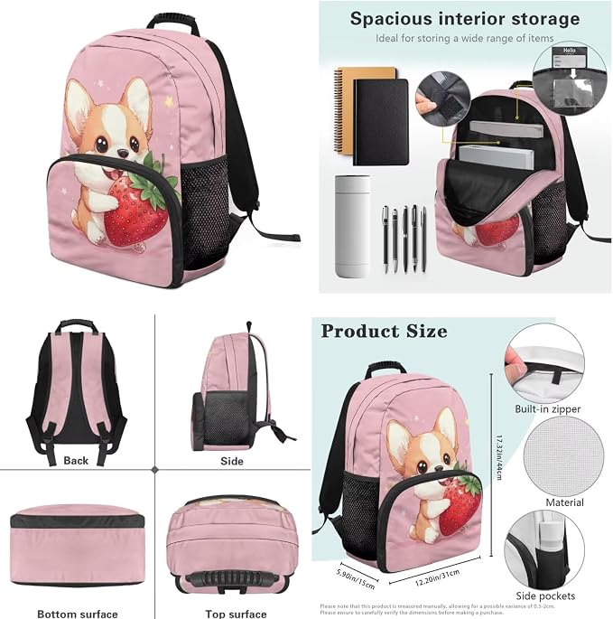 Ystardream Cartoon Corgi School Bag for Girls Backpack with Lunch Box Pencil Case Water Bottle Sleeve 4 Pcs Bookbag with Adjustable Straps Backpack for Little Big Kids Daily Use Comfortable