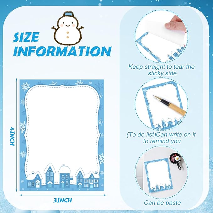 12 Pcs Christmas Sticky Notes Christmas Design Self Adhesive Note Pads Winter Snowflake Sticky Memo Blue Cartoon Snowman Penguin Notepad for Xmas Gift Office Home Supplies Present