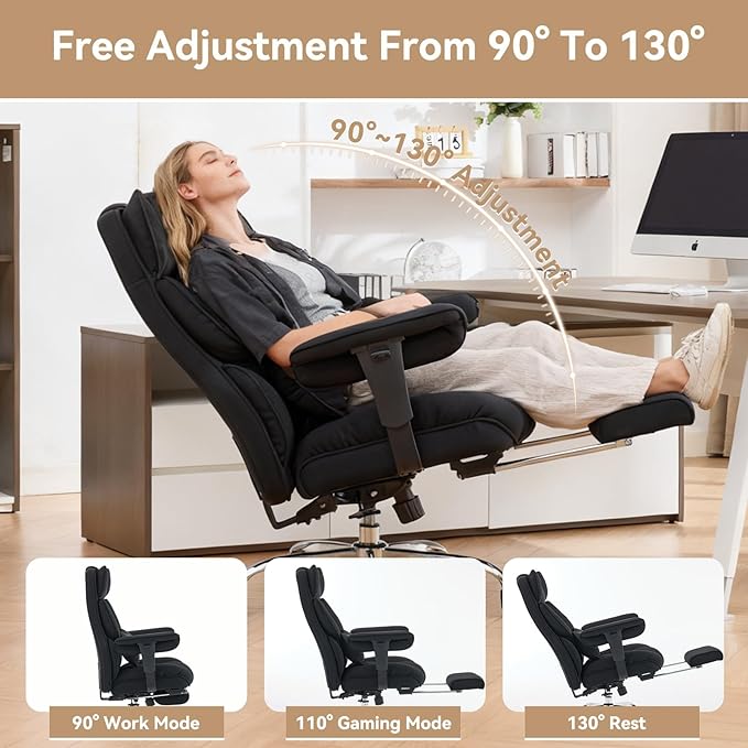 Efomao Big and Tall Office Chair with Footrest - Breathable Mesh Executive Chair, Heavy Duty Computer Desk Chair for Home Office, Ergonomic Lumbar Support & Reclining Mesh Gaming Chair, Black