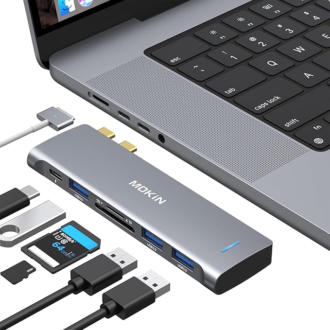 USB C Adapter for MacBook Pro/Air M1 M2 2021 2020 2019 2018,MOKiN Hub MacBook Pro Accessories with 3 USB 3.0 Ports,USB C to SD/microSD Card Reader and 100W Thunderbolt 3 PD Port