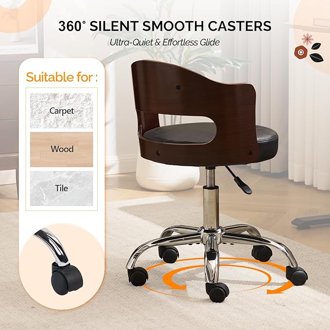 VINGLI Armless Home Office Desk Chair, Adjustable Swivel Chair,Dual-Use with/no Wheels,Small Retro Designed Walnut Curved Task Chair,Cushioned Nail Tech Chair for Study Area,Workspace,PU,Black