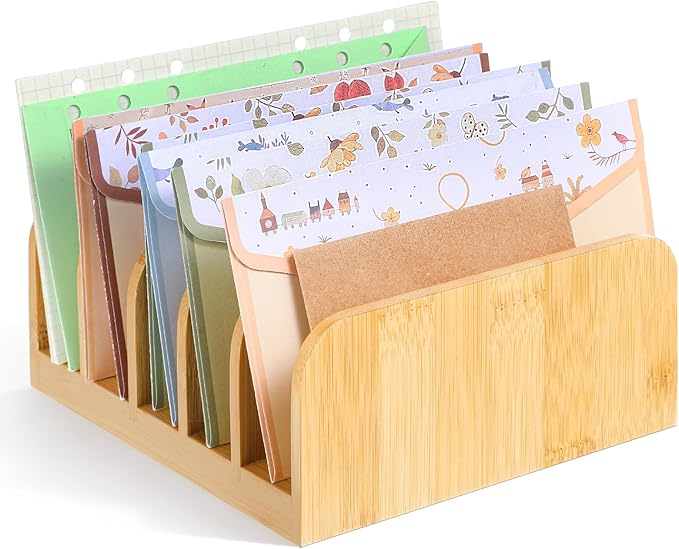 Bamboo Mail Desk Organizer, 5 Slots Bamboo File Mail Holder Organizer, Vertical Countertop Organizers Holder for Home, Office, Magazine, Book Envelope, Paper, Bill