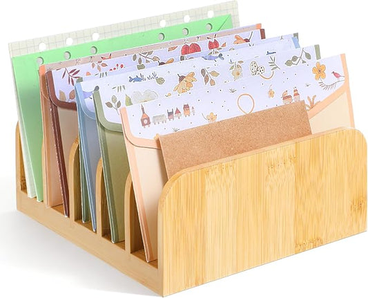 Bamboo Mail Desk Organizer, 5 Slots Bamboo File Mail Holder Organizer, Vertical Countertop Organizers Holder for Home, Office, Magazine, Book Envelope, Paper, Bill