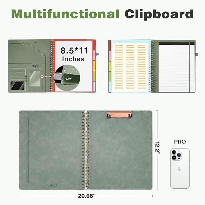 Clipboard with Storage for Men Women, Leather Padfolio Portfolio Organizer 5 Folders with 10 Pockets, Spiral Clipboard Folio with Notepad for Letter Size, Elastic Closure and Pen Loop Sage Green