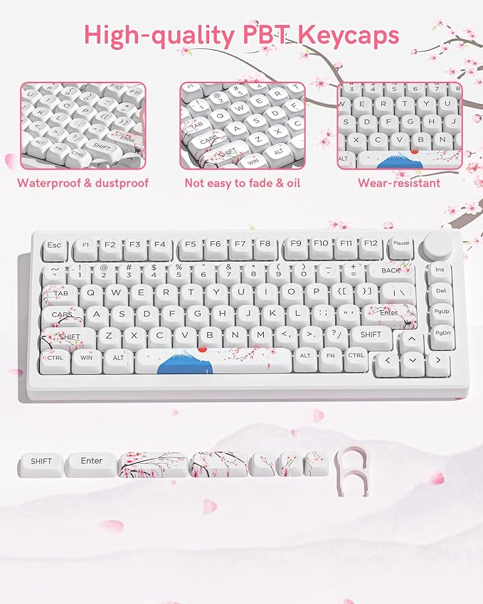 131 Cute Keycaps MOA Cherry Blossom keycap Theme Japanese Keycap Set for Mechanical Keyboard for 61/68/84/87/98/99/100/104/108 Keys,White(Only Keycap Set)