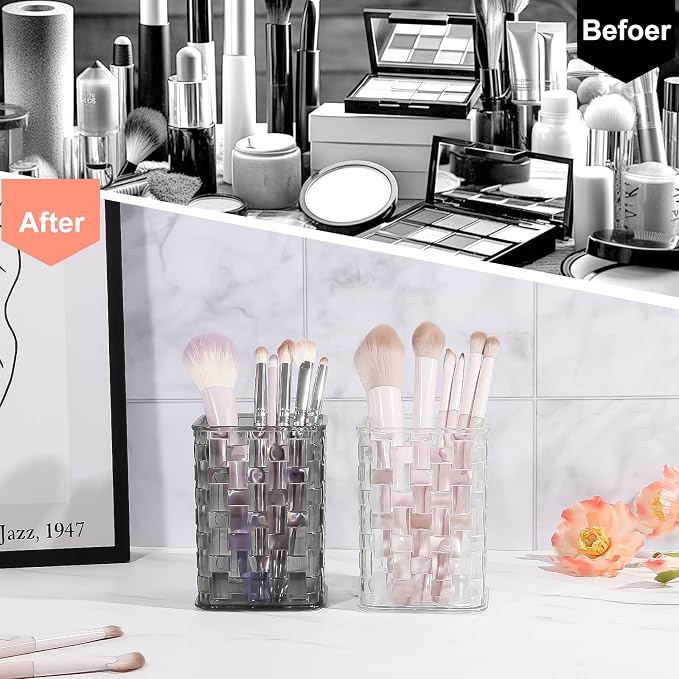 DASITON Makeup Brush Holder Organizer, Acrylic Makeup Brushes Storage Cup, Woven Texture Make Up Brush Holder for Vanity Bathroom Office, Pen Holder for Desk, Cosmetic Display Cases (Grey S)