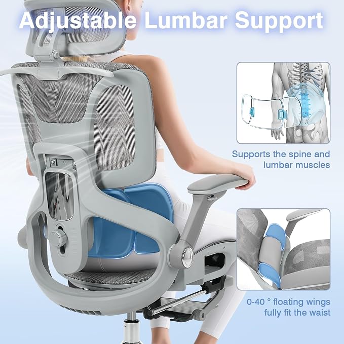 Ergonomic Mesh Office Chair with Footrest, High Back Desk Chair with 4D Armrests, 3-Zone Dynamic Lumbar Support, Ergonomic Office Chair with Wheels (Silver Gray)