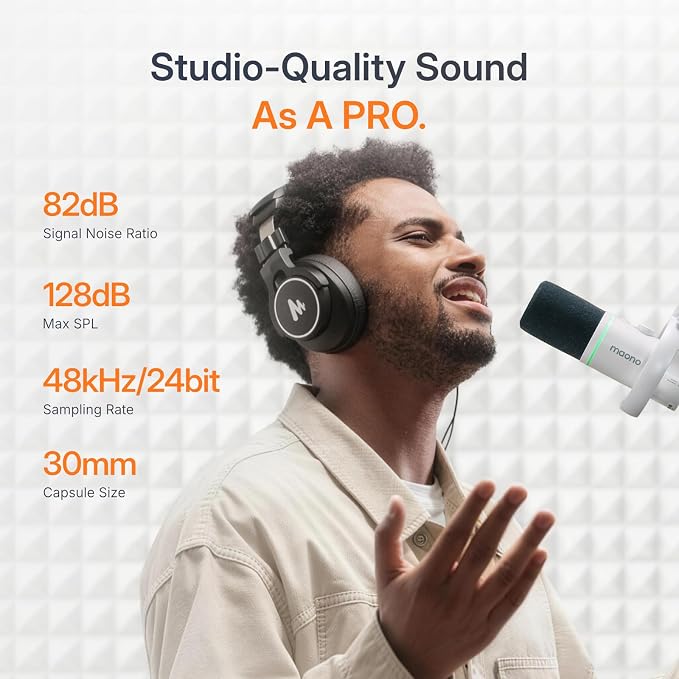 MAONO PD200W Hybrid Wireless Podcast Equipment Bundle for 2, XLR USB Dynamic Microphone Kit with 2 Desktop Stand, Software, Noise Cancellation, for Co-hosted, Podcasting, Content Creation,White
