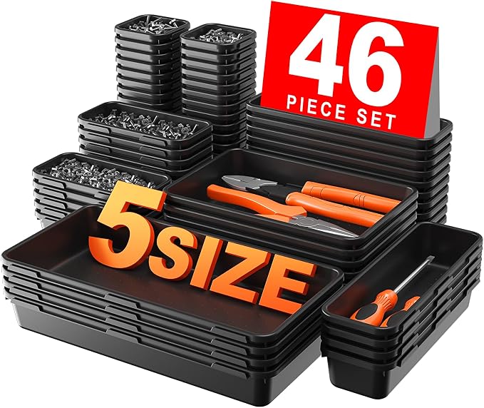A-LuGei 【𝟰𝟲𝗣𝗖𝗦 & 5 Size】 Tool Box Organizer Tray Divider Set, 【Black】 Bathroom Drawer Organizer Bin, Garage Organization and Storage Toolbox Rolling Tool Chest Cart Cabinet WorkBench Small Part