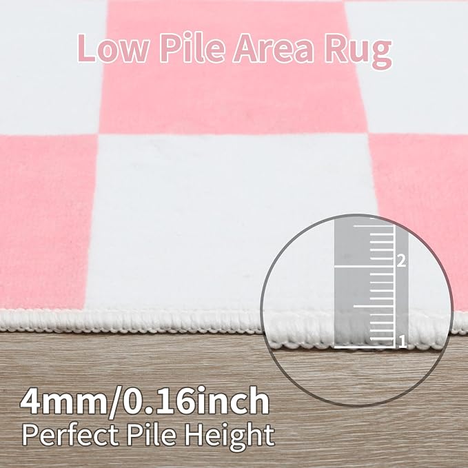 Terrug Pink and White Checkered Area Rug for Kitchen,2x6 Runner Rugs Washable with Non Slip for Bedroom,Soft Low Pile Stain Resistance Retro Carpet for Entryway Hallway