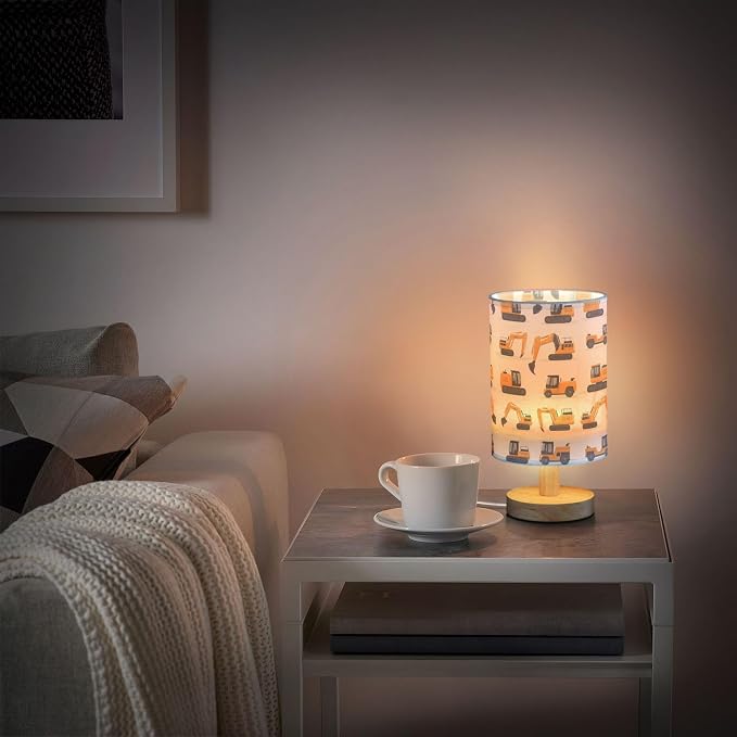 Table Lamp Cute Excavator Construction Car Pattern Nightstand Lamp with Wood Base Fabric Lamp Shade Bedside Desk Lamp for Living Room Bedroom Kids Room Office