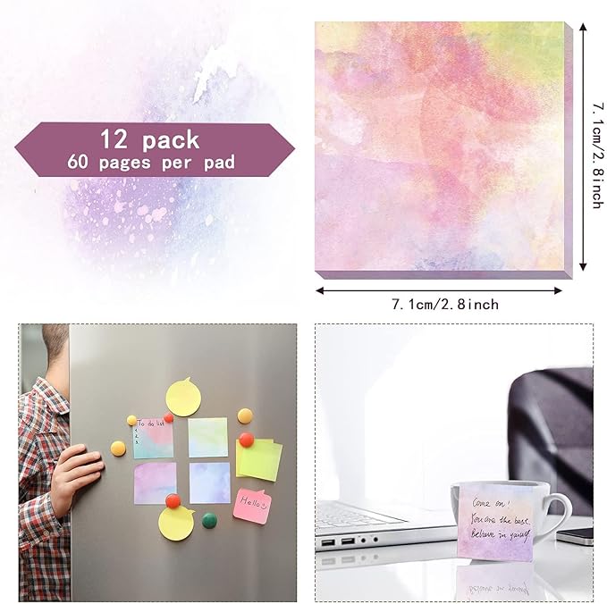Outus 12 Pads 720 Sheets Gradient Watercolor Sticky Notes 2.8 x 2.8 Inch Cute Sticky Notes Bulk Fun Self Adhesive Memo Pads for Office School Classroom Home Students Teachers Gifts(Pastel)