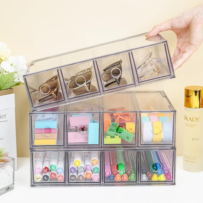 12-Drawer Desk Organizer, 3-Pack Stackable Desktop Storage Box | Clear Sunglasses Organizer, Display Case, Removable Drawers, For Stationery, Markers, Pens, Eyeglasses, Office Supply