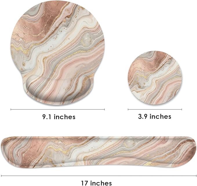 Britimes Gold Pink Marble Abstract Ergonomic Mouse Pad Set with Wrist Rest Non-Slip Rubber Base Wrist Cushion Support and Coasters Mousepad with Wrist Support for Computer Keyboard and Desk